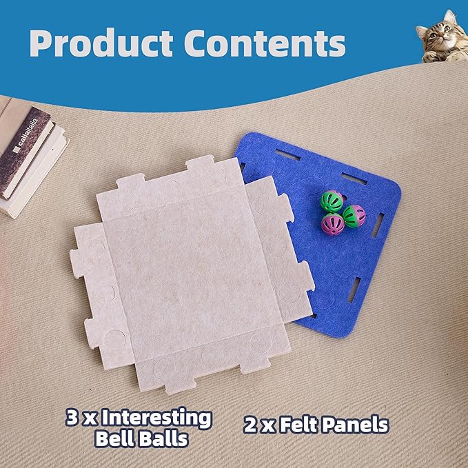 Interactive Cat Puzzle Feeder Toy - Felt Maze Box with 3 Jingle Balls for Indoor Cats, Kittens to Adults - Mental Stimulation, Slow Feeding & Fun Exercise Encourages Natural Hunting Instincts