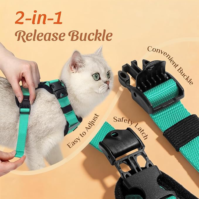 Dooradar Cat Harness and Leash Set, Escape Proof Soft with 3 Adjustable Buckles, Comfortable Vest Easy to Wear Kitten Harness with Reflective Strip, Safe for Outdoor Walking, Cyan Green, XS