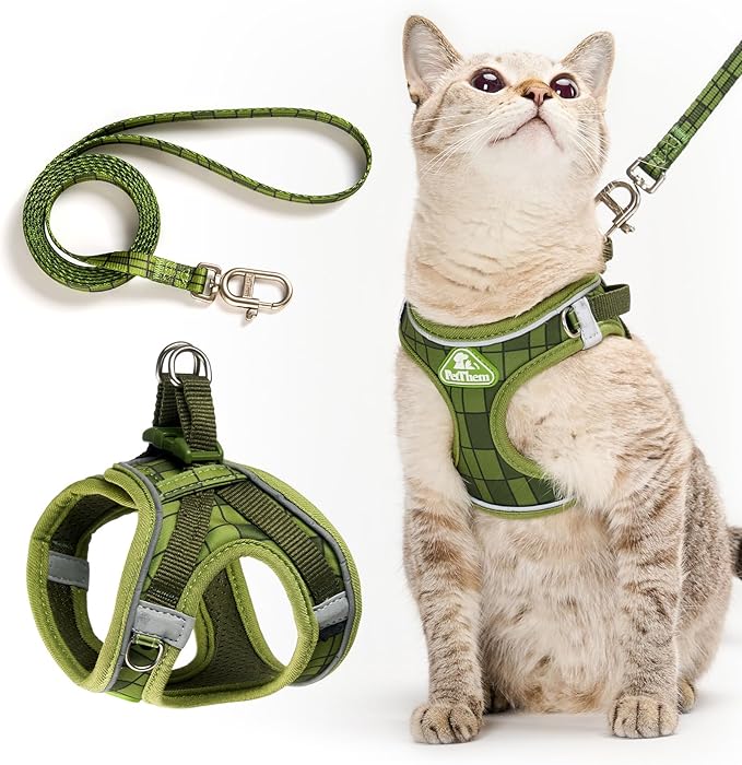 PetThem Upgraded Cat Harness and Leash Set - Step-in Escape Proof Adjustable Cat Harness, Comfortable Soft Lightweight, Reflective Harness for Walking, Travel, Camping (Growling Crocodile, S)