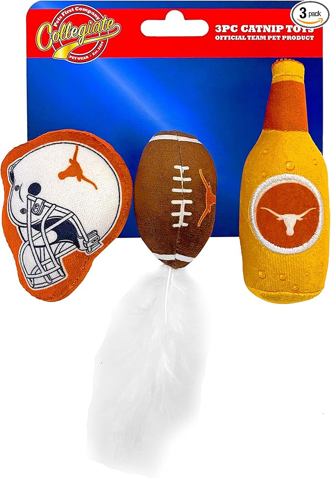 Best Plush CAT Toy - NCAA Texas Longhorns Complete Set of 3 Piece Cat Toys Filled with Fresh Catnip. Includes: 1 Helmet Cat Toy, 1 Football Cat Toy with Feathers & 1 Beer Bottle. Beautiful Team Logos