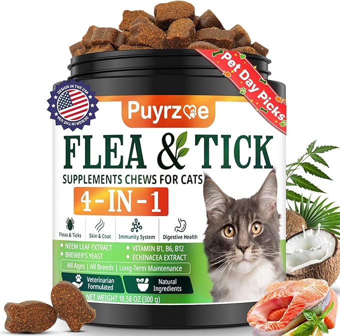 Puyrzoe 4-in-1 Flea Treatment for Cats Chewable, Natural Cat Flea and Tick Prevention Chewable Supplement for Skin & Coat | Immunity Support | Digestive | Flea & Tick Treatment for All Breeds & Sizes