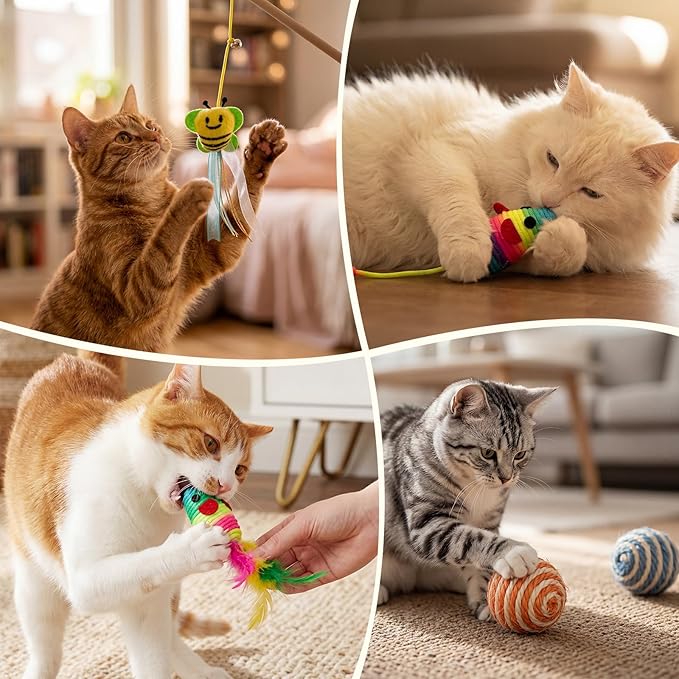 Leitee 16 Pcs Cat Interactive Toys Set Wooden Cats Teaser Wand Toy with Feather Handle Chew Rope Mouse Sisal Balls with Bells for Indoor Kitten Play Chase Exercise (Mice Toy)