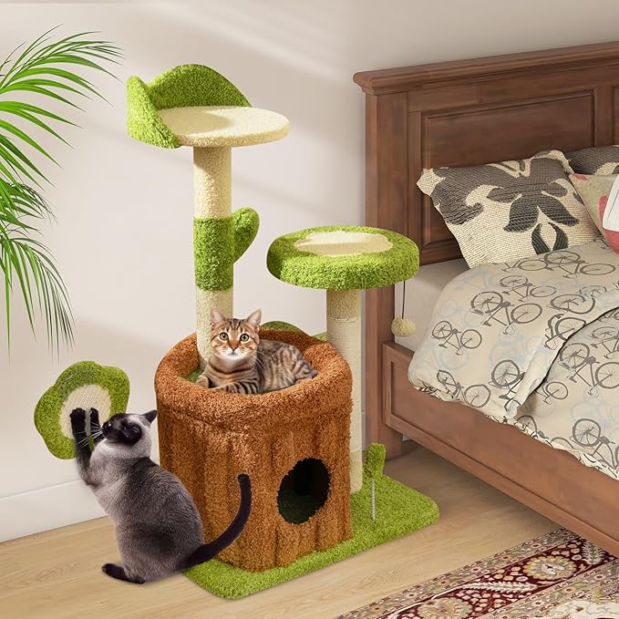PETSITE Forest-Themed Cute Cat Tree, 36 Inches Tall with Sisal Scratching Posts and Board, Condo, Dangling Ball, and Spring Toy, Ideal for Indoor Small & Medium Cats (21.5 x 16 x 36 inches)