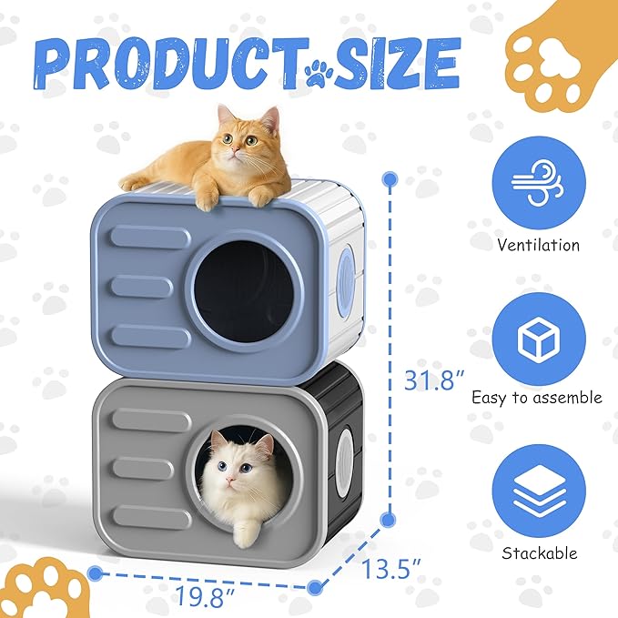 Double Outdoor Cat House Stack Design, Cat Houses for Outdoor Cats Camera Appearance Ventilated Spacious Stackable with Large Door for Several Feral Cats Outside Cat Shelter for Large Pet (Blue)