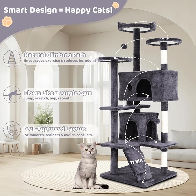 Large 54-Inch Cat Tree with Tower Condo - Cat Tower with Wrapped Sisal Scratching Post, Multiple Platforms, Hanging Baskets & Dangling Toy - Plush Cat Furniture for Indoor Cats - Light Gray