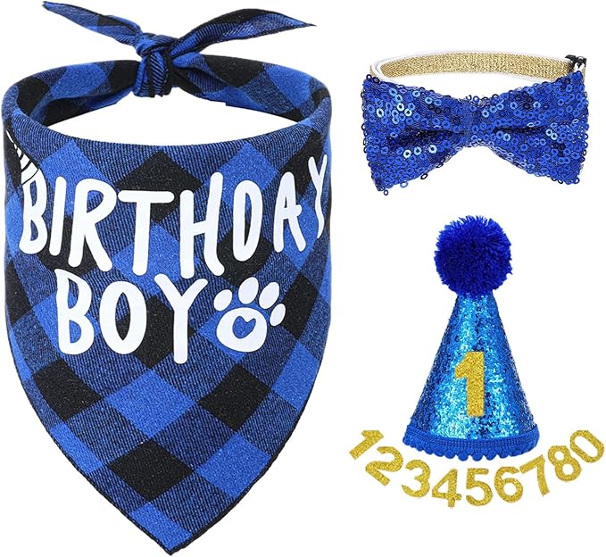 Cat Birthday Hat Set, Small Pet Birthday Party Supplies, Bandana Bow Tie Collar Hat with Number for Cats Kittens Apparel Outfits (Blue)