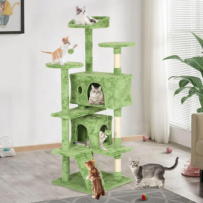 54 Inches Tall Cat Tree Tower for Indoor Cats, Multi-Level Condo Furniture With Scratching Post Stand, Trees With Funny Toys and House for Kitten Rest & Fun, Green