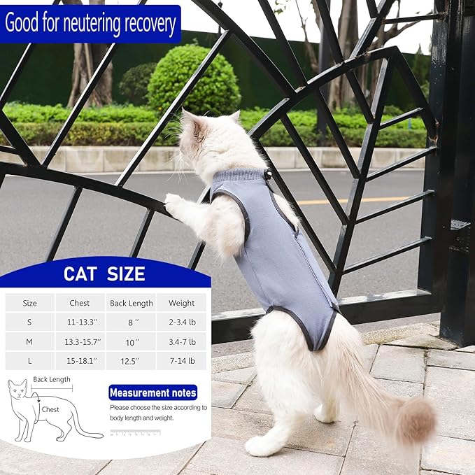 kzrfojy Cat Surgery Recovery Suit Cat Onesie for Cats After Surgery Spay Surgical Abdominal Wound Skin Diseases E-Collar Alternative Wear (Grey-Blue-L)