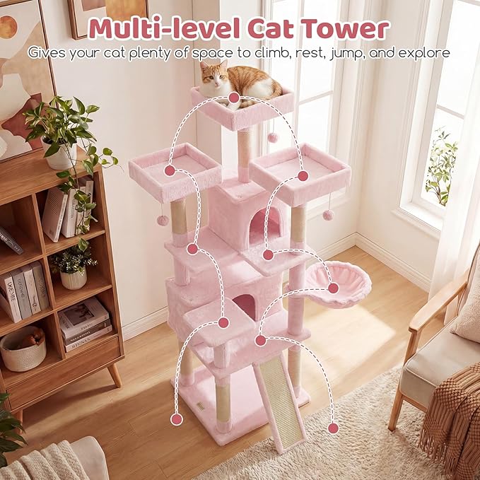 DORTALA Multi-Level Cat Tree, 65" Tall Cat Tower with 3 Plush Perch, 2 Condos, Basket Bed, Sisal Scratching Posts & Board, Hanging Pompoms, Indoor Pet Climbing Furniture (Pink)