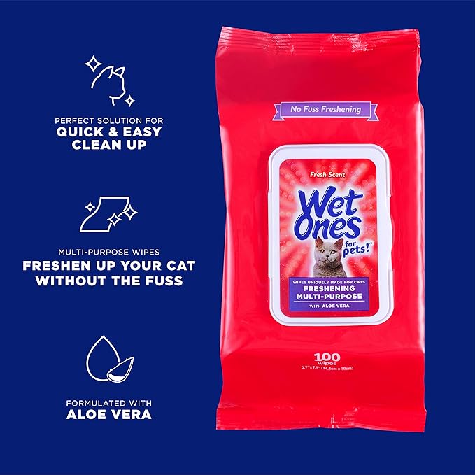 Wet Ones for Pets Freshening Multipurpose Cat Wipes with Aloe Vera, Fresh Scent - Easy to Use Cat Freshening and Grooming Wipes with Wet Lock Seal, 100 Count