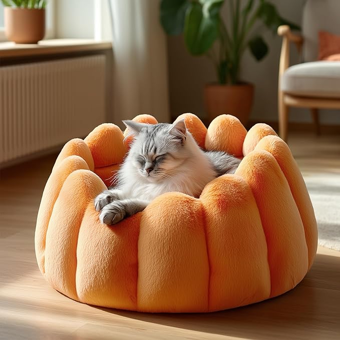 PETNOVO Pumpkin Cat Bed, Plush Donut Cuddler with High Bolster, Non-Slip Cozy Pet Nest for Indoor Cats up to 13 lb and Small Dogs, 20L x 20W x 12H Inch, Pumpkin Yellow