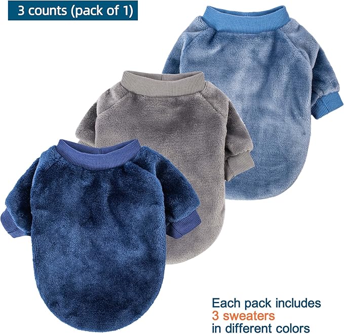 Dog Sweater | 3-Pack Clothes Jackets for XXS XS Dog Breed (Male & Girl), Soft Winter Coats Sweaters for Dogs and Cats, Pet Apparel Outfits (Grey,Blue,Navy, XX-Small)