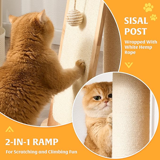 HITTITE Solid Wood Cat Tree Tower, Cat Scratching Post with Bed, 27" Small Flower Cat Tree, Compact Cat Tower with Scratching Pad and Cat Bed, Mushroom Modern Cat Tower for Indoor Cats Large Adult.