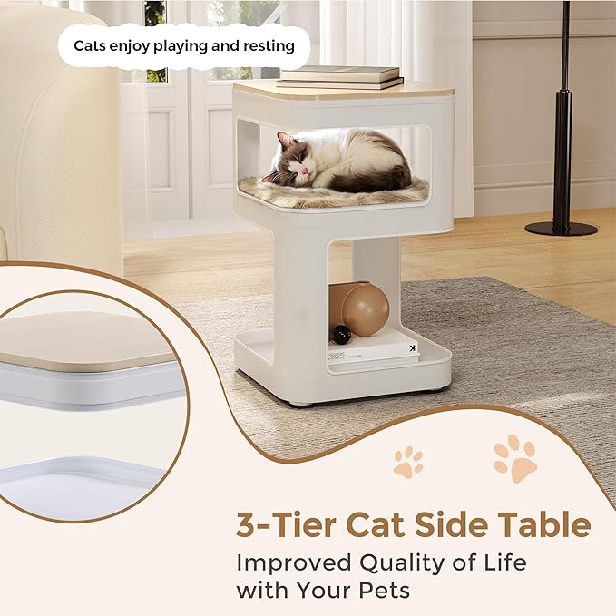 EUREKA ERGONOMIC Side Table Cat Beds, Square End Table with Cat House, Metal Nightstand with 3 Tier Storage, Modern Side Table End Beside Table for Living Room Bedroom Indoor, Easy Assembly, White
