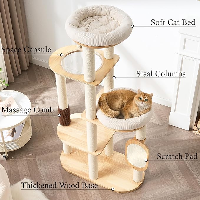 797Audio Modern Wood Cat Tree Tower, 60" Cat Tree with Sisal Scratching Posts, Capsule and Scratch Pad for Indoor Cats, Solid Rubber Wooden Cat Tree,Large Platform Multi-Level Tree for Large Adult Cat