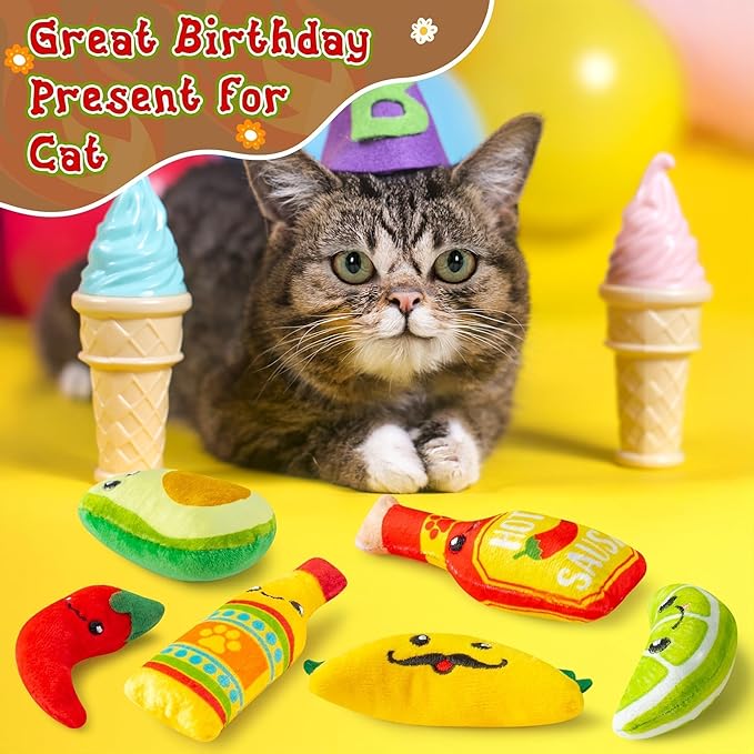 L1rabe Mexican Catnip Stuffed Toys - 6Pcs Pet Days Mexican Carnival Funny Cat Toys for Cat Lovers Gifts, Cute Taco Hot Sause Avocado Lime Indoor Kitten Chew Bite Kick Interactive Pet Supplies