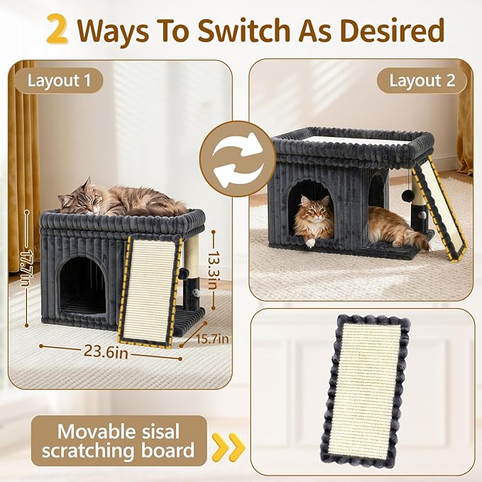 Cat Tree Tower Bed with Scratching Post for Indoor, Heavy Duty Small Stand House Condo for Large Cats & Kittens, Modern Sturdy Platform Perch Hideout Climb Rest Area, Dark Gray Striped Fabric