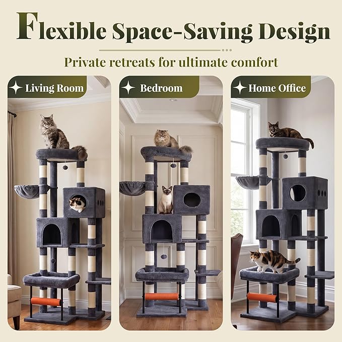 Hey-brother Cat Tree, 68.5 inch Cat Tower with L-Shaped Extended Base, Multi-Level Plush Furniture with 2 Spacious Candos, 2 Platforms, 11 Scratching Posts, Hammock and Toy Ball, Smoky Gray MPJ086G
