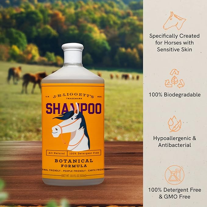 J.R.LIGGETT'S Liquid Botanical Horse Shampoo for Sensitive Skin - 100% Detergent-Free, Non-GMO Formula - Gently Deep Cleans and Nourishes Healthy Skin, Mane & Tail - 16.9 fl oz