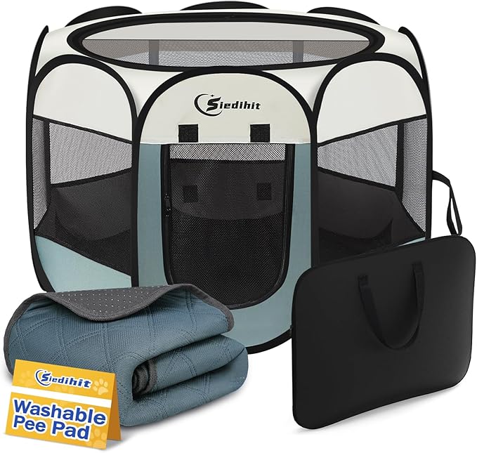 Siedihit Dog Playpen with Washable Pee Pad, Puppy Pet Cat Playpen Small Dogs Tent Crate Indoor/Outdoor, Portable Pop Up Kennel with Carrying Case for Cats/Rabbits(Grey,Small with pad)