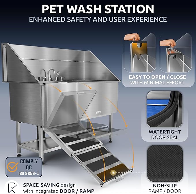 KANIS Professional Dog Washing Station 304 Stainless Steel Pet Wash Sink & Grooming Bathtub w/Shower, Floor Grates and Storage for Large, Medium & Small Pets (Silver, 61 Inches, Left Ramp, Shelf)