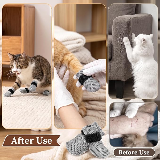 4 Pcs Cat Booties Anti Scratch Mittens Gloves Mesh Cat Claw Covers Kitten Protectors Foot Booties Breathable Adjustable Kitten Shoes to Prevent Scratching for Nail Trimming Pet Bathing