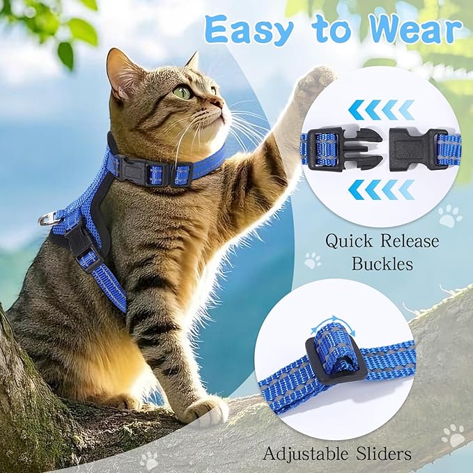 Cat Harness and Leash Set for Walking,Adjustable Escape Proof Kitten Harness and Leash with Reflective Strips,Easy to Wear Soft Breathable Harness for Cats Puppy Bunny Dogs Blue