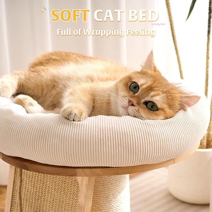HITTITE Solid Wood Cat Tree Tower, Cat Scratching Post with Bed, 27" Small Cat Tree, Compact Cat Tower with Scratching Pad and Removable Cat Bed, Modern Cat Tower for Indoor Cats Large Adult.