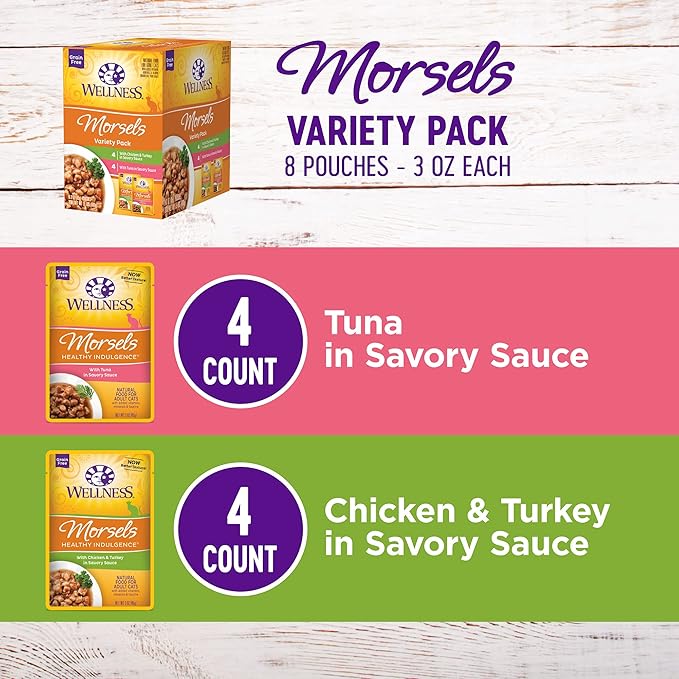 Wellness Healthy Indulgence Morsels Variety Pack Adult Wet Cat Food, Natural, Protein Rich, Grain Free, 2 Flavors, 3 oz, Pack of 8 Pouches