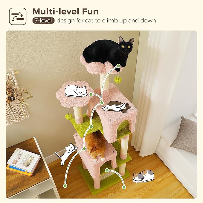 MUTTROS 62" Cat Tree for Indoor Cats, Multi-Level Cat Tower for Large Cats with Scratching Posts, 2 Spacious Plush Condos, Padded Perch, Soft Cat Bed, Scratching Pad & 2 Pompoms, Pink