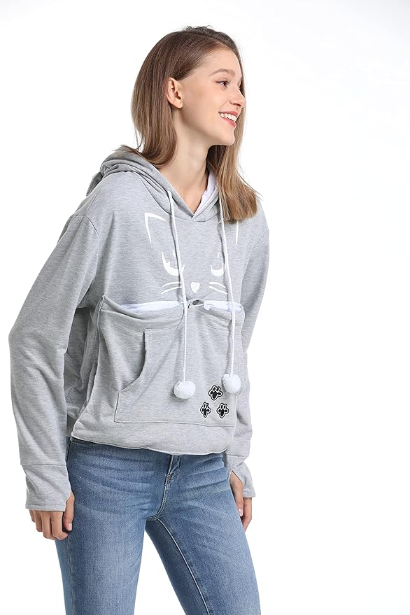 ALYC Unisex Hoodies Pet Holder Cat Dog Kangaroo Pouch Carries Pullover with Cat Printing Sweatshirt (Light Grey, M)