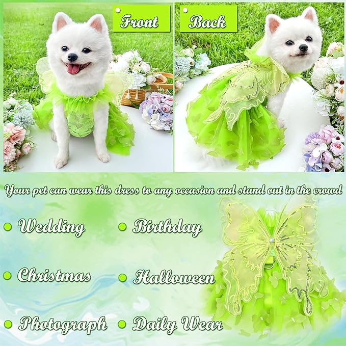 BAMY Butterfly Wings Dog Dress Summer Pet Wedding Skirt Lace Princess Tutu Cute Party Cat Outfit for Small Medium Dogs (Green, S (Chest 15.7inch/ 40cm))