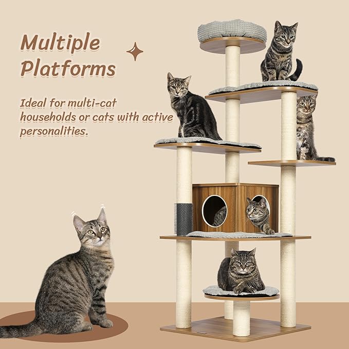 KAMABOKO Solid Wood Cat Tree, 69” Large Tall Cat Tower Multi-Level Platforms with Sisal Scratching Posts, Cat Tree for Large Cats 20 lbs Heavy Duty, Cat Condo Furniture for Active Cats