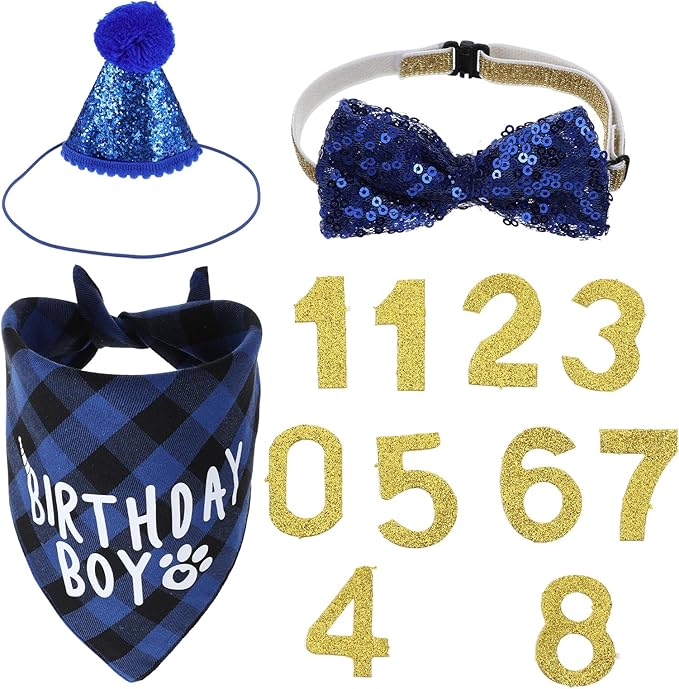 Xindojuz 1 Set Cat Birthday Hat Decorations, Adjustable Cat Birthday Hat with Number Bow Tie Bandana Collar for Cats Dogs Pet Kittens Apparel Christmas Party Outfits Supplies (Blue)