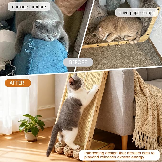 L-Shaped Sisal Cat Scratcher for Indoor Cats,23.6in Vertical Ramp Foldable Scratching Post with Interactive Toy Balls,Natural Sisal Pad Cat Scratching Board for Wall/Couch Furniture Protector