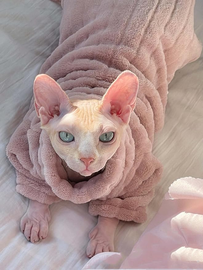 Turtleneck Sweater for Sphynx Cat Soft Coral Fleece Cat Clothes Thick Winter Warm Outfit Coat for Hairless Cats and Small Dogs Apparel with Sleeves (Pink, M (5-7 lbs))