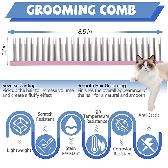 8.5 Inch Dual Tooth Pet Comb for Mats and Tangles，Professional Grooming Comb Removing Excess Hair for Long-Haired Cats and Dog Kit,Prevent Undercoat, Excess Hair,Mats and Tangles,Pet Essential