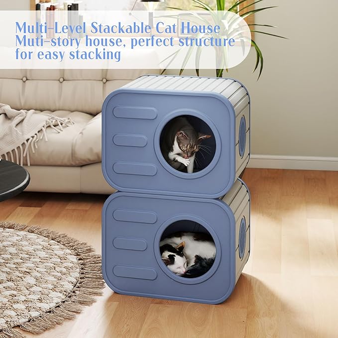 Insulated Outdoor Cat House,Plastic Feral Cat Houses for Outdoor Indoor Cats with Camera Appearance & Large Door,Stackable Cat Houses & Condos,Spacious Cat Bed Cave,Easy to Clean,Blue