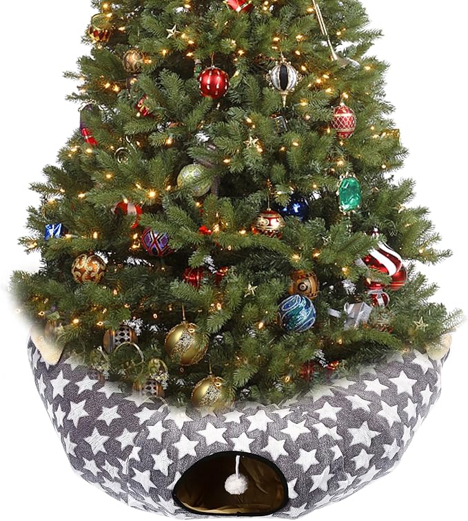Large Cat Tunnel Bed Under Christmas Tree with Fluffy Toy Balls, Small Cushion and Flexible Design- 10 inch Diameter, 3 ft Length- Great for Cats, and Small Dogs, Gray Star Pattern