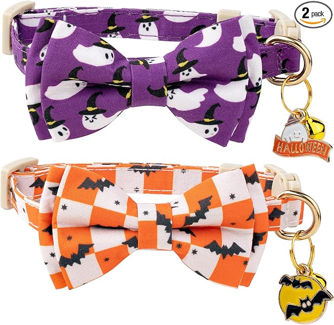 Faygarsle 2 Pack Halloween Cat Collar with Bowtie and Bell, Breakaway Safety Buckle, Ghost Bats Pattern, Orange and Purple