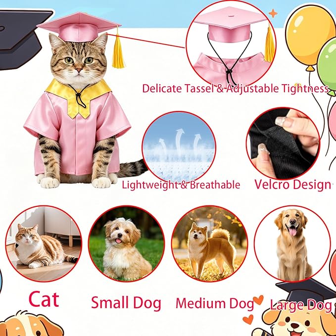 Personalized Cat Graduation Cap and Gown with Name Photo and Tassel, Custom Adjustable Pet Graduation Costume for Small Medium Large Cats Dogs Ceremony Photo Props