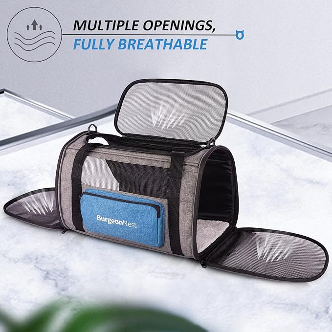 BurgeonNest Cat Carrier for Large Cats 20 lbs,Medium Pet Under 25 lbs,2 Puppy and Small Dogs with Unique Side Bag,Top Load Pet Carrier Soft-Sided Escape Proof with 4 Ventilated Windows