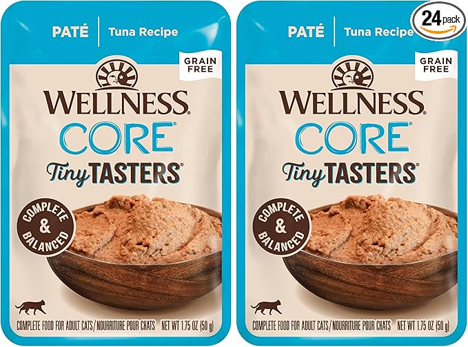 Wellness CORE Tiny Tasters Pate Adult Wet Cat Food, Natural, Protein-Rich, Grain Free, 1.75 Ounce Pouch (Tuna), (Pack of 24)