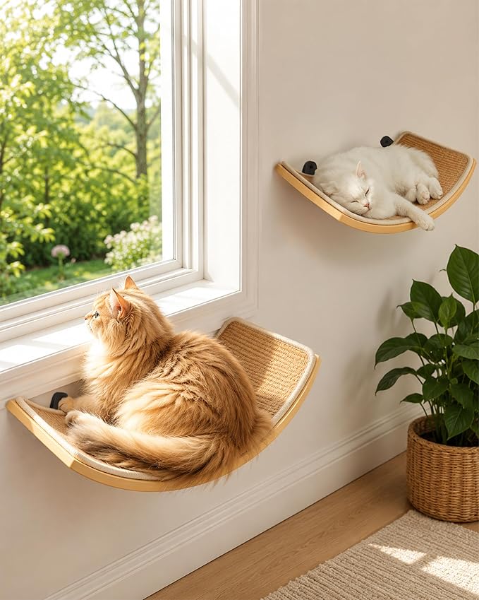 Curved Cat Wall Hammock with Scratchable Sisal Pad, Large Floating Cat Shelf for Wall, Wall Mounted Beige Bed for Playing, Climbing, and Sleeping