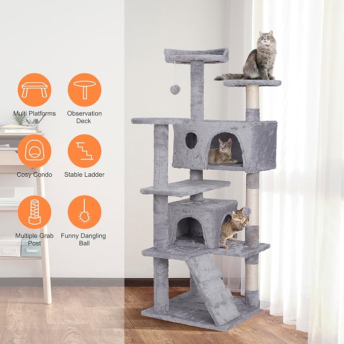53 Inches Multi-Level Cat Tree Condo Furniture Kitten Activity Play House Bed Pet Kitty Climbing Tower with Scratching Posts/Plush Perch/Scratcher Ladder/Tunnel for Cats,Kittens,Pets (Light Grey)