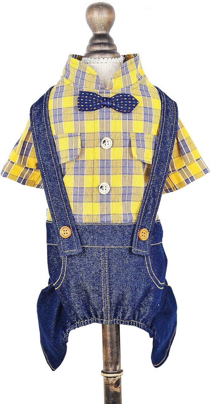 SMALLLEE_LUCKY_STORE Pet Clothes Costume Puppy Denim Overalls for Small Medium Dogs Cats Boys Bowtie Plaid Shirt Jeans Pants Outfits Chihuahua One Piece Jumpsuit,Yellow S