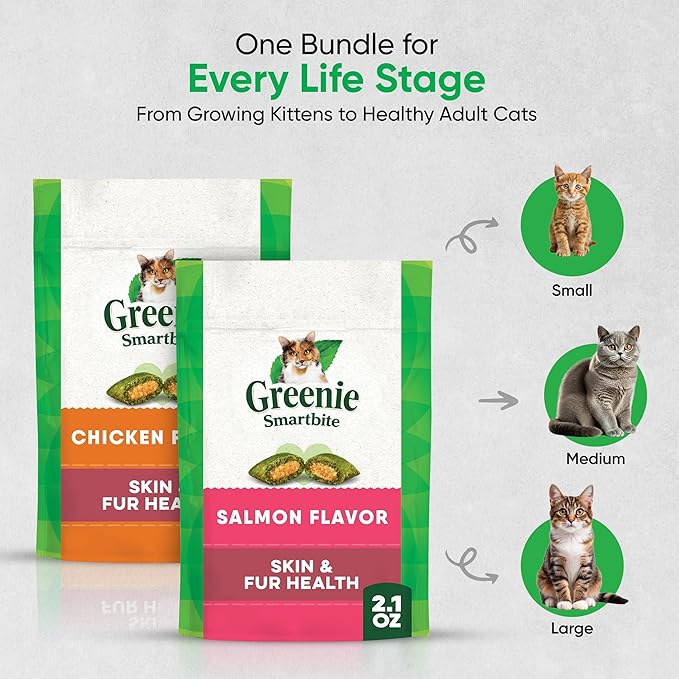 Salmon Cat Treats for Skin & Fur Health, Pack of 2 Chicken & Salmon Flavor Crunchy and Soft Cat Treats (2.1 oz Each) with Microfiber Cleaning Cloth