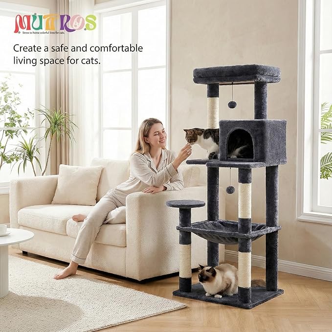 MUTTROS Cat Tree for Large Cats with Metal Plush Big Hammock, 56.3" Cat Tower for Indoor Cats with 2 Door Condo House, 6-Tier Cat Shelves with Scratching Posts and Large Top Perch, Dark Gray