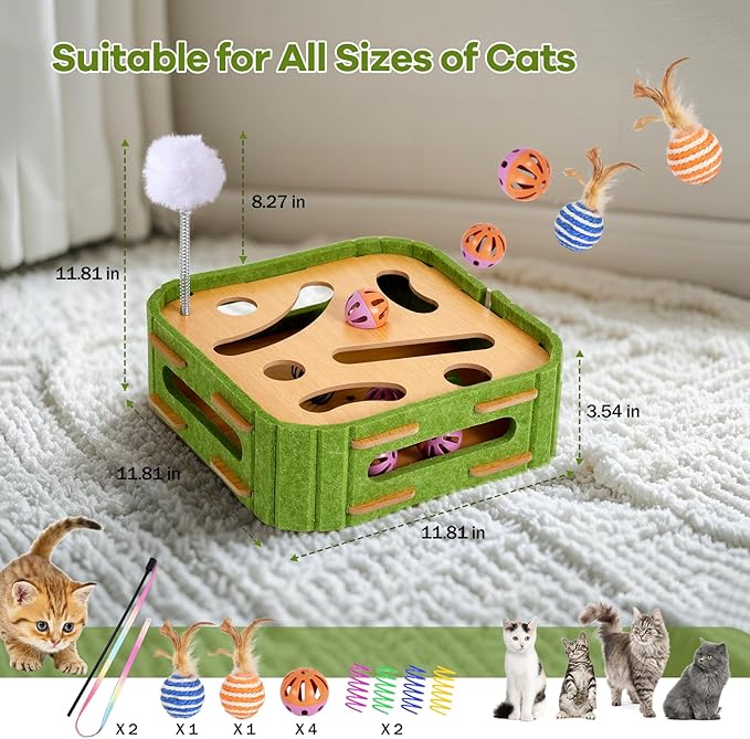 Cat Puzzle Box Toy for Indoor Cats Boredom Relief Interactive Wooden Cat Enrichment Maze with Jingle Balls, Feather Wands & Spiral Springs, Slow Feeder Treat Dispenser for Kittens & Adult Cats