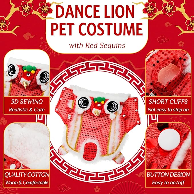 LEIFIDE Lion Dance Dog Costume Chinese New Year Pet Costume with Sequins Chinese Lion Dance Cloth Dog Clothes Hoodies Coat for pet New Year Spring Festival Dress up(2X-Large,Red)